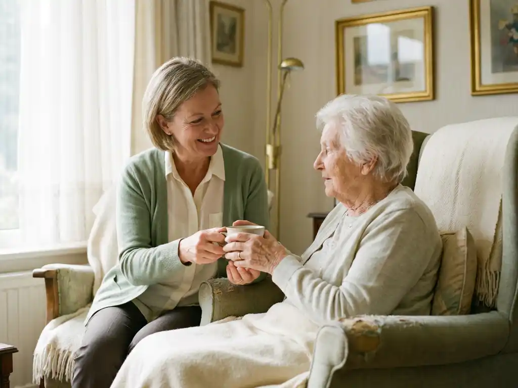 Verzorger helpt oudere bewoner met een kopje thee in een zonnige woonkamer van een zorginstelling.