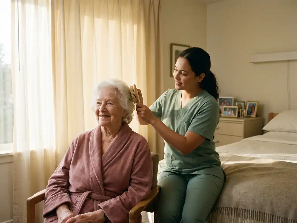 Verzorger in scrubs helpt oudere vrouw met ochtendroutine in zonnige kamer van verzorgingshuis met persoonlijke foto's op de achtergrond.
