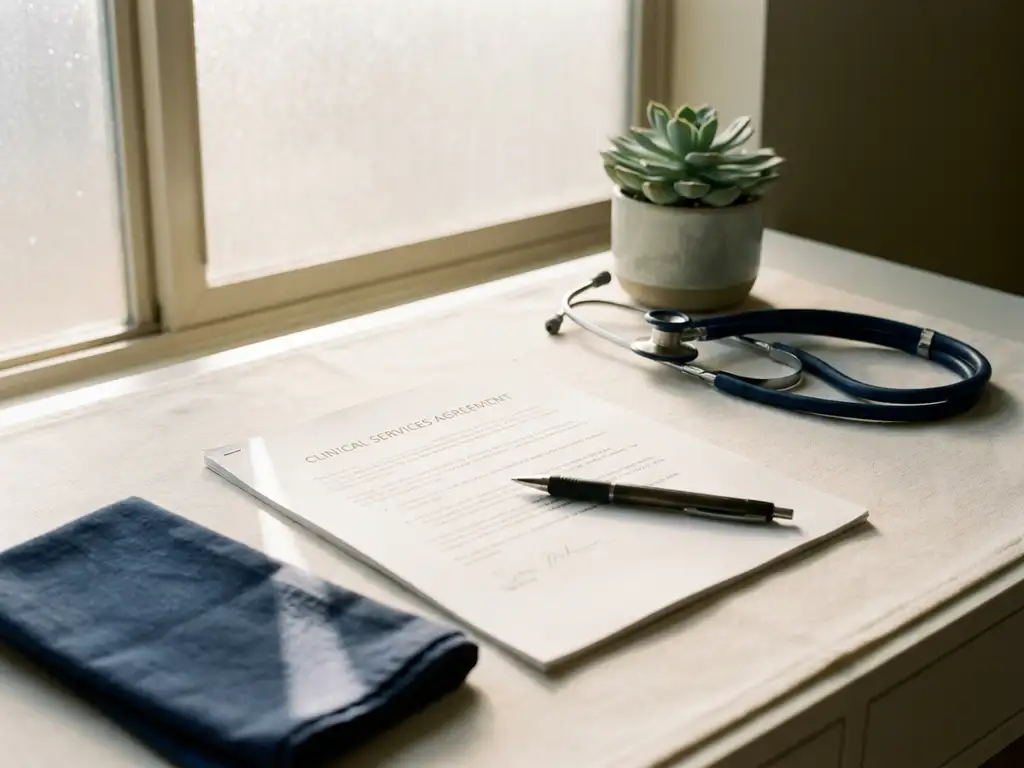 Klinisch bureau met een contract, stethoscoop en klein potplantje in zacht natuurlijk licht, pen op papier.