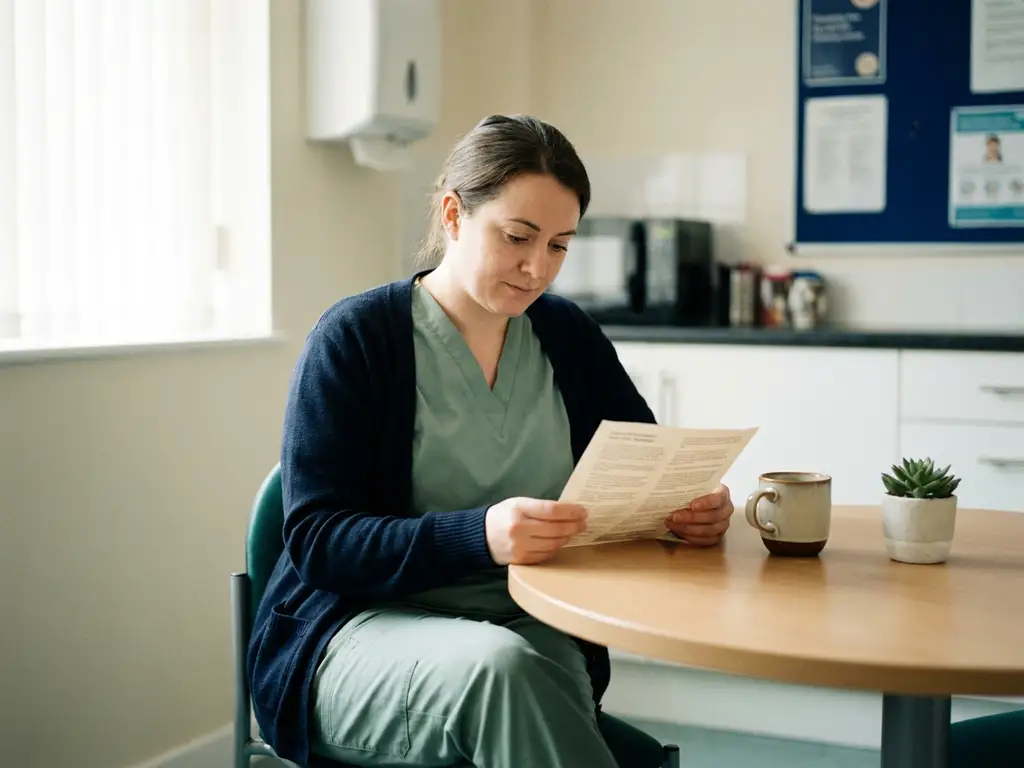 Zorgmedewerker in scrubs bekijkt loonstrook aan tafel in personeelsruimte, met kop koffie in natuurlijk daglicht.