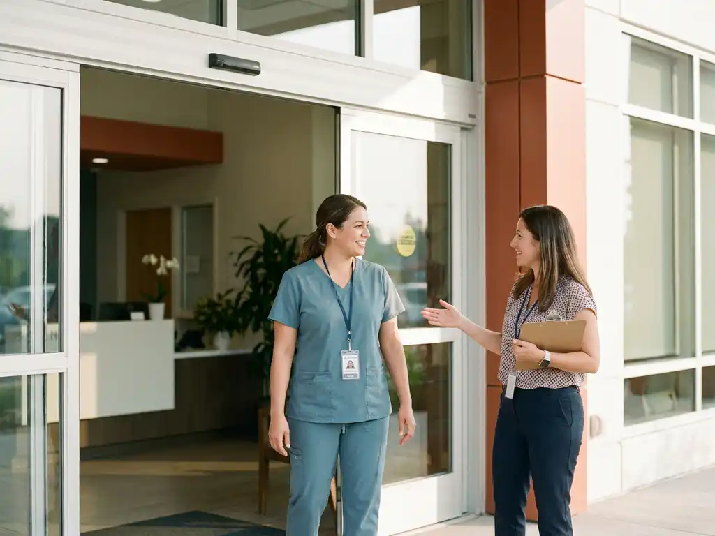 Zorgprofessional in scrubs wordt verwelkomd bij ingang van zorginstelling, coördinator met klembord, zacht ochtendlicht.