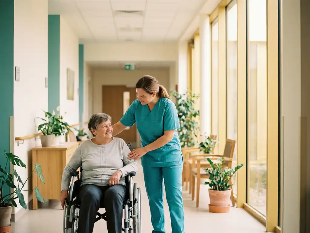Zorgprofessional in scrubs begeleidt persoon met beperking door lichte, moderne zorginstelling met warm natuurlijk licht.