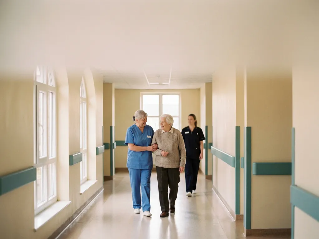 Zorgprofessional in scrubs begeleidt een oudere patiënt door een rustige ziekenhuisgang, ondersteund door een tweede medewerker.