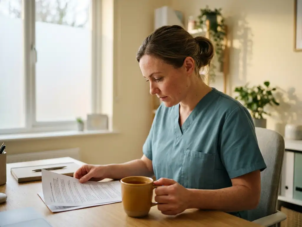Zorgprofessional in scrubs die een loonstrook bestudeert aan een klinisch bureau met een koffiemok ernaast.