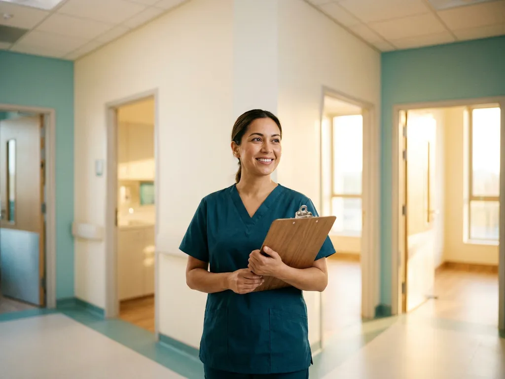 Zorgprofessional in scrubs op een verlicht ziekenhuisgangsplitsing met klembord, meerdere deuren symboliseren carrièremogelijkheden.