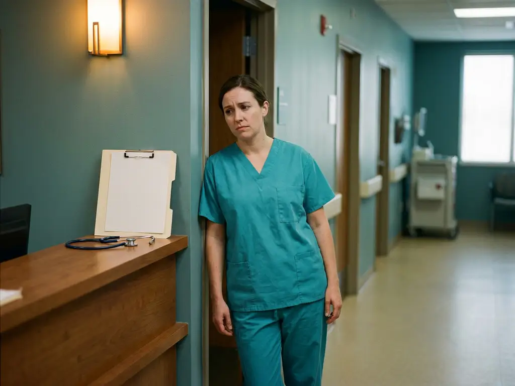 Zorgprofessional in scrubs bij een verpleegpost met een ongetekend contract en stethoscoop, contemplatiefe sfeer in ziekenhuisgang.