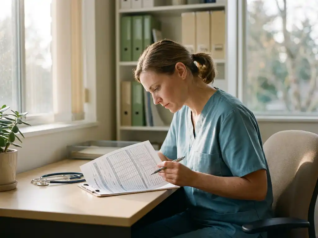 Zorgprofessional in scrubs bestudeert evaluatieklembord aan klinisch bureau, stethoscoop op tafel, zacht natuurlijk licht.