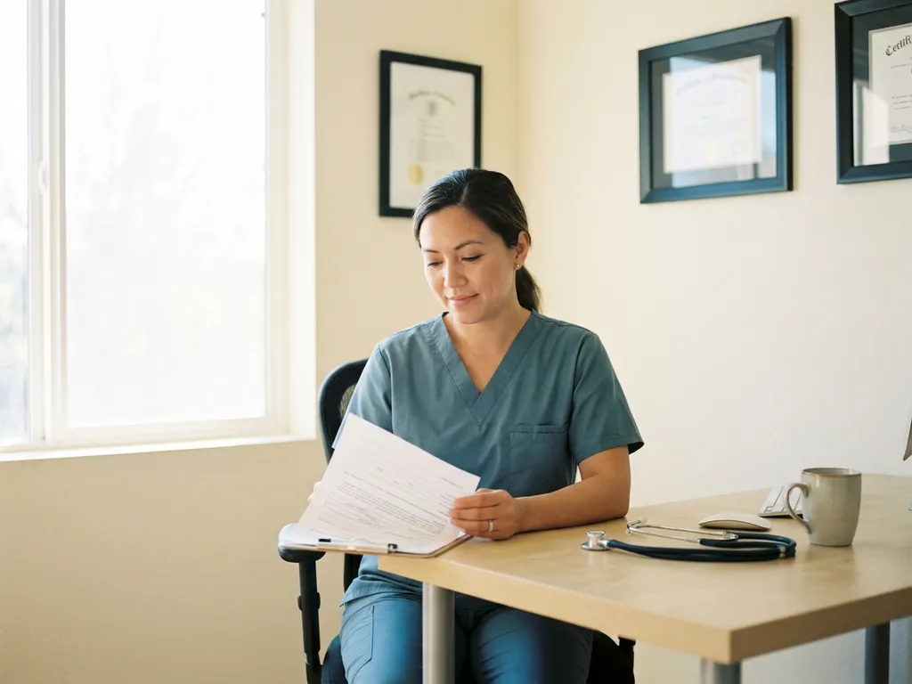 Zorgprofessional in scrubs bestudeert een factuur op klembord aan klinisch bureau met stethoscoop, warm natuurlijk licht.