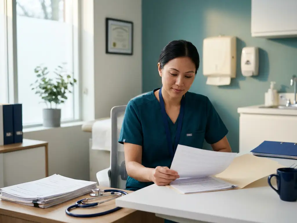 Zorgprofessional in scrubs bestudeert officieel document aan klinisch bureau, stethoscoop naast stapel papieren, natuurlijk zijlicht.