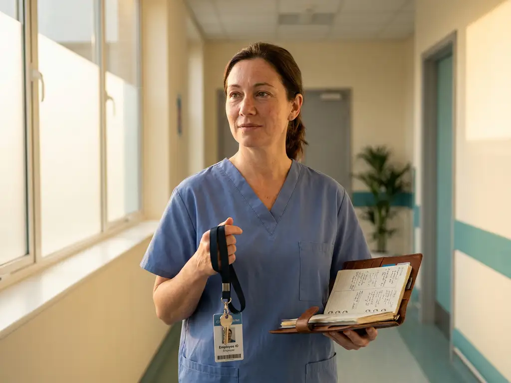 Zorgprofessional in scrubs houdt een personeelsbadge en persoonlijke agenda vast in een rustige ziekenhuisgang met warm ochtendlicht.