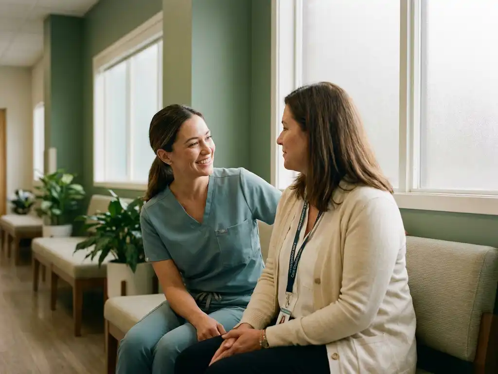 Zorgprofessional in scrubs in gesprek met zorgcoördinator in rustige klinische gang, warme persoonlijke verbinding.
