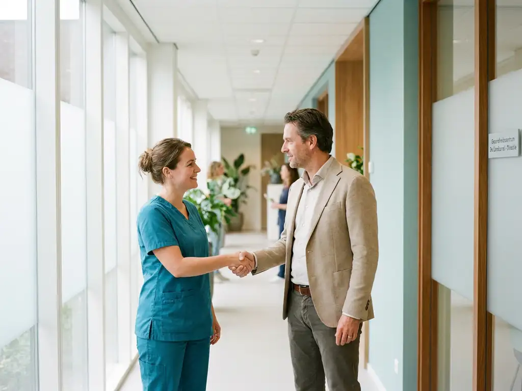 Zorgprofessional in scrubs geeft hand aan manager van zorginstelling in lichte klinische gang, warme verbinding en vertrouwen uitstralend.