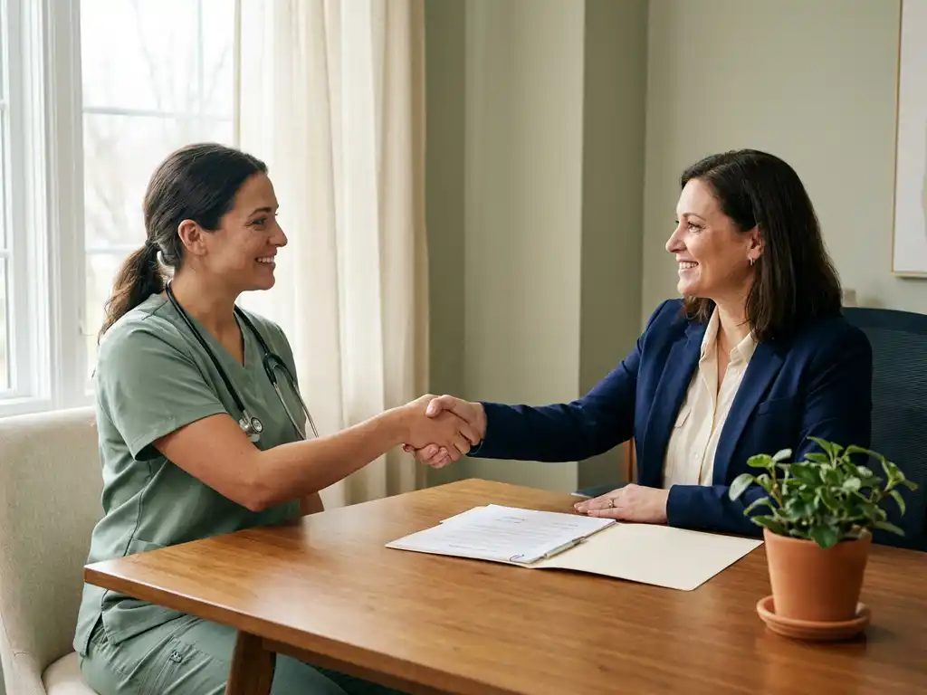 Freelance zorgprofessional in scrubs geeft zorgmanager een handdruk aan bureau met ondertekend contract en kamerplant.