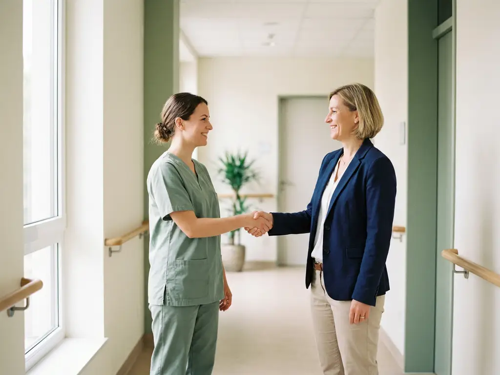 Zorgprofessional in scrubs geeft hand aan manager in rustige klinische gang, warm daglicht, ontspannen lichaamstaal.