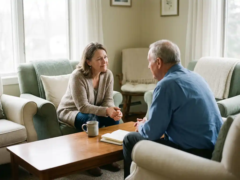 Zorgprofessional in gesprek met patiënt aan tafel met koffie en notitieboek, warm en persoonlijk consult in rustgevende kamer.