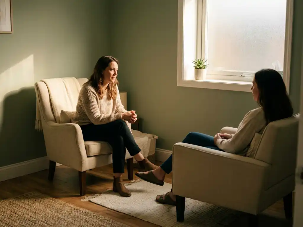Zorgprofessional in gesprek met patiënt in rustige therapiekamer met zacht middaglicht en succulent op vensterbank.