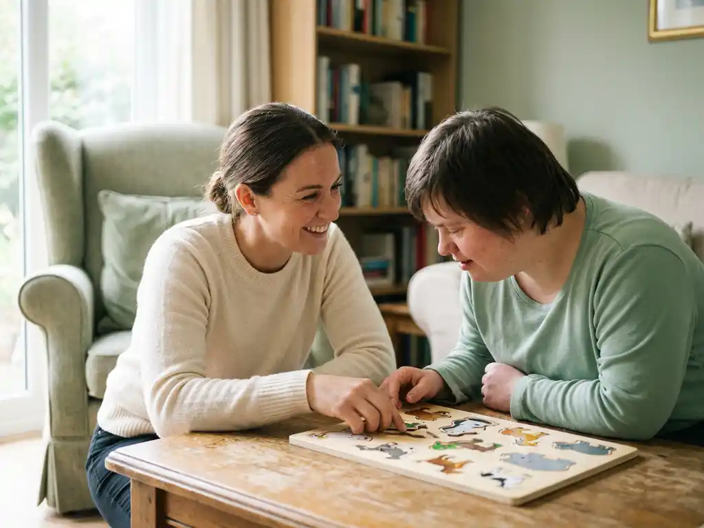 Begeleider op ooghoogte naast cliënt met verstandelijke beperking tijdens puzzelactiviteit in lichte woonkamer van zorginstelling.