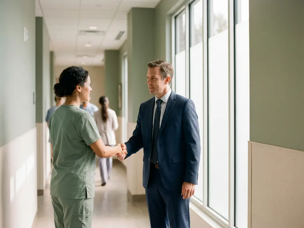 Handdruk tussen zorgprofessional in scrubs en recruiter in pak, in moderne klinische gang met zacht natuurlijk licht.