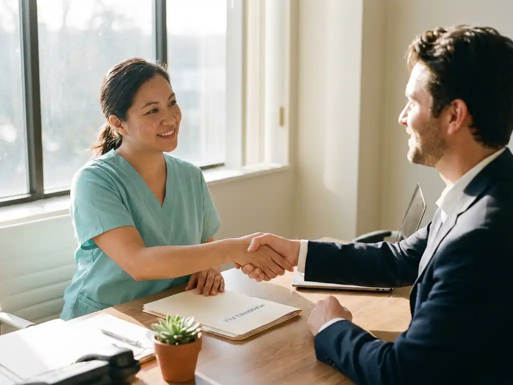 Zorgprofessional in scrubs geeft een hand aan een recruiter aan een klinisch bureau met personeelsdossier en plant.