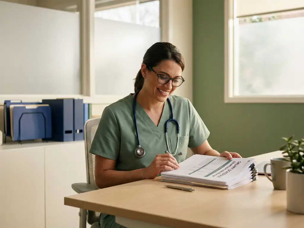 Zorgprofessional in scrubs bekijkt salarisdocumenten aan klinisch bureau, zacht natuurlijk licht, rustige professionele sfeer.