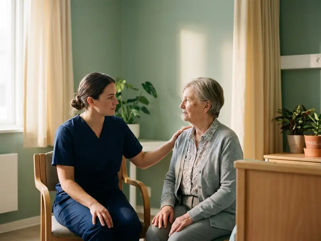 Zorgprofessional in scrubs legt troostend hand op schouder van patiënt in rustige klinische ruimte met warm natuurlijk licht.