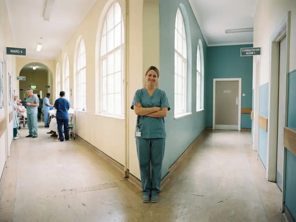 Zorgprofessional in scrubs op een rustig ziekenhuisgangsplitsing, met zachte natuurlijke belichting en een rustgevende sfeer.