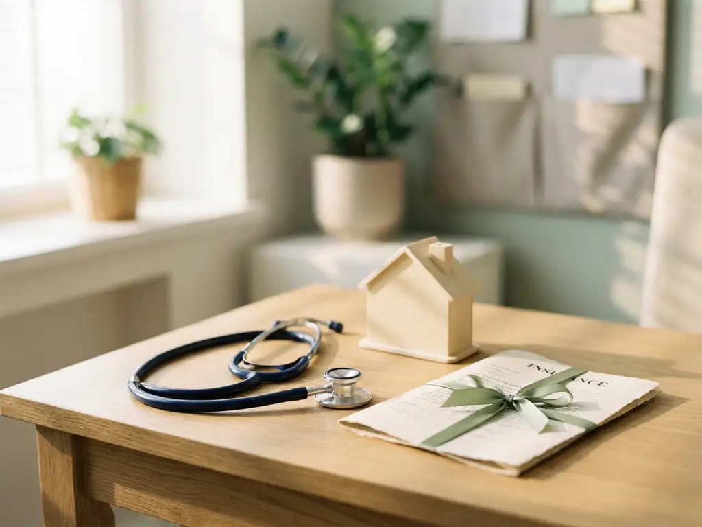 Stethoscoop en houten huismodel naast een verzekeringsdocument op een klinisch bureau, zacht ochtendlicht.
