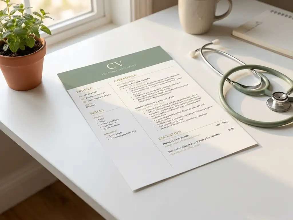 Medisch CV op wit bureau naast stethoscoop en kleine kamerplant, zacht natuurlijk licht, rustige professionele sfeer.