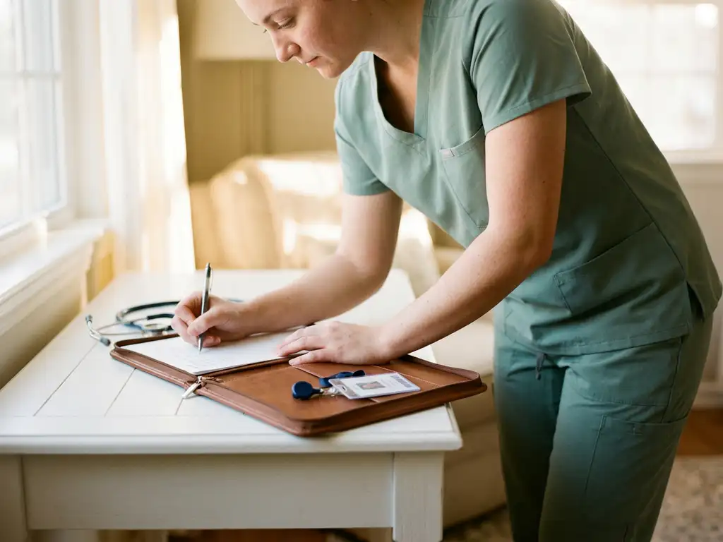 Verpleegkundestudent in scrubs schrijft notities in een portfolio, met stethoscoop en badge op een wit bureau in warm natuurlijk licht.